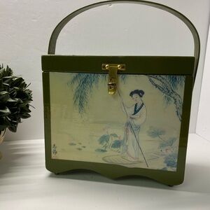Vintage Wooden Asian Box Purse With Handle Geisha
